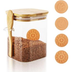 Brown Sugar Keeper Containers, Food Storage Jars with 4 Terra Cotta Brown Sugar Savers, Lids and a Spoon, Suitable for Storing Food/Spices/Candies/Coffee Beans(Glass,0.9Qt/30Oz/850Ml)