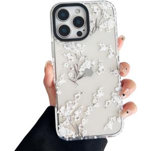 Compatible with iPhone 16 Pro Case, Simple Cute Flower Pattern Fashion Aesthetic Design for Women, Soft TPU Protective Shockproof Clear Phone Case for iPhone 16 Pro 6.3 inch, White