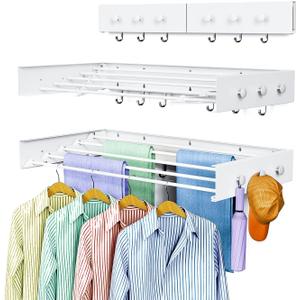Drying Rack Clothing,Clothes Drying Rack Wall Mounted,Laundry Drying Rack Wall Mount,Foldable,Collapsible,60 lb Capacity 5 Aluminium Poles with 6 Hooks (White, 31" Upgrade)