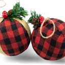 Christmas Ball Ornaments, Rustic Buffalo Plaid Christmas Tree Ornaments, Natural Jute Farmhouse Decorations for Xmas Tree, Holiday, Party (3 Pieces)