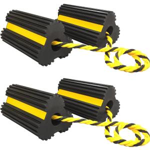 2 Pair Rubber Heavy Duty Dual Wheel Chocks Front and Back, RV Leveling Blocks Non Slip Base with Nylon Rope Yellow Reflective Tape for Travel Trailers, Car, Camper, Truck (4 Pack)