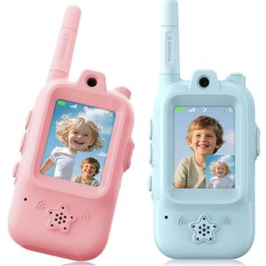 Video Walkie Talkies for Kids, Handheld 2 Pack Rechargeable Video Intercom Kids Walkies Talkies, Indoor Outdoor Toys for Family Games, Outside, Camping, Hiking for Boys Girls Ages 3-12 (Blue/Pink)