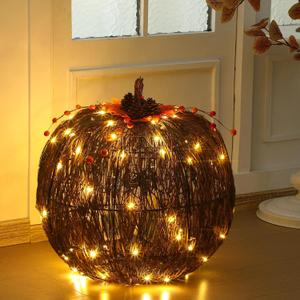 Wonderjune 1 Pcs Rattan Lighted Pumpkin Fall Decorations Artificial Rattan Pumpkin Lanterns LED Fall Lighted Harvest Indoor Outdoor Halloween Thanksgiving Decor Porch (Brown,18 Inch)