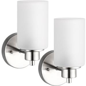 2 Pack Modern Elegant Wall Sconces Bath Vanity Light Fixtures Wall Mounted Lighting Brushed Nickel White Frosted Glass Shade (Silver)