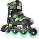 Inline Skates for Kids Girls Boys, Adjustable Light Up Inline Skates with Illuminating Wheels, Outdoor Roller Skates for Girls, Boys,Youth Age 5-13 (9C-6Y US) (Green and Black)