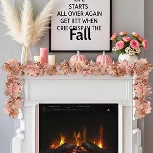 4PCS 5.6FT Neutral Fall Garland,Pink Artificial Maple Leaves Garland with Pumpkins,Pink Fall Leaf Decorations for Home,Autumn Vine for Mantle Fireplace Porch Thanksgiving Decor set of 2