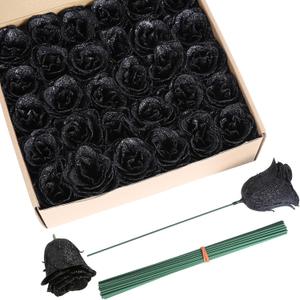 Black Roses Artificial Flowers, 30pcs Glitter Roses Artificial Roses with Stems for Crafts Wedding Bouquet Party Home Decor(Black)