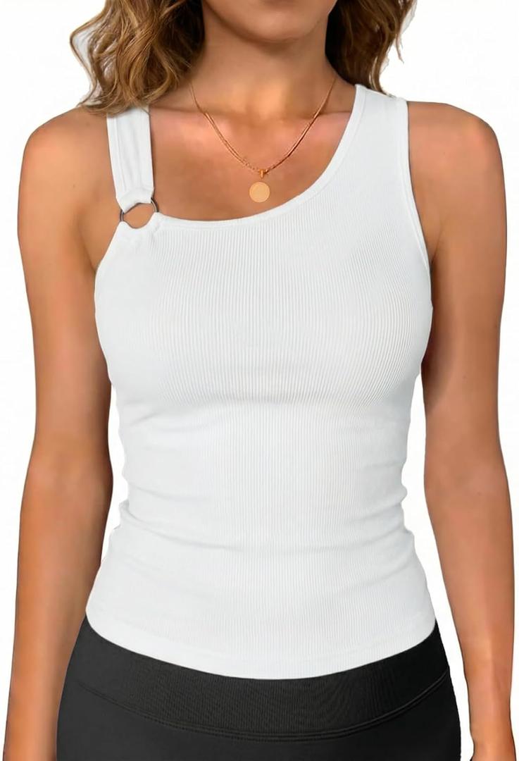 SANDERY Womens Tank Tops Summer Asymmetrical Oneshoulder Neck Ribbed Racerback Sleeveless Button Y2K Blouses Top (White, L)