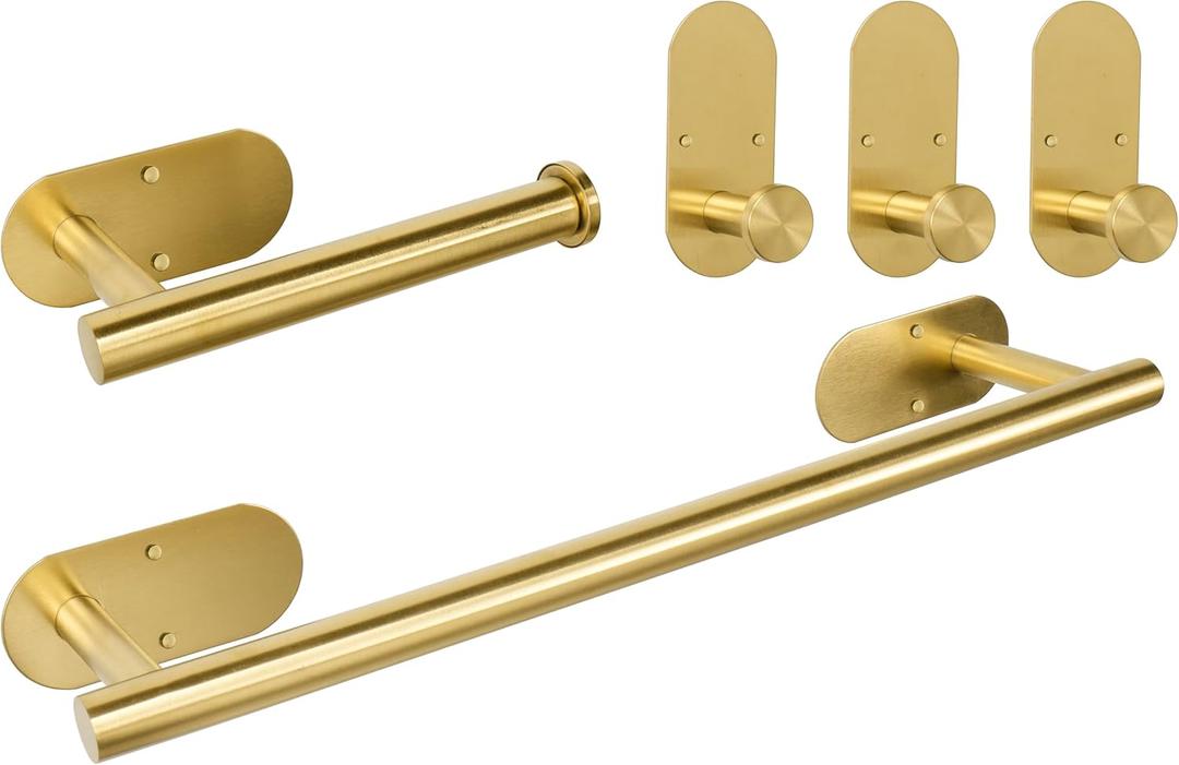 TocTen 5 Pieces Wall Mounted or Self Adhesive Towel Bar Set, Stainless Steel Bathroom Hardware Set Include 16 Towel Rack, Toilet Paper Holder, 3 Towel Hook, Sticky Bathroom Accessory Kit (Gold)