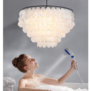 Modern Capiz Chandelier Lighting 5 Lights, Natural Shell Ceiling Light Fixtures Contemporary Seashell Coastal Chandeliers for Living Room Hallway Foyer Black