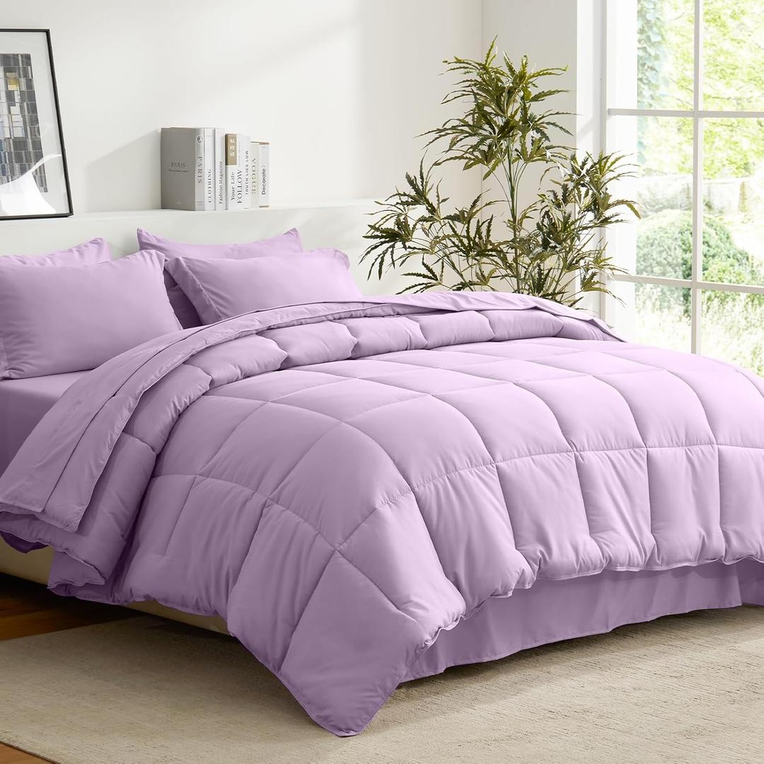COZYART Full Comforter Set 7 Pcs, Lavender Bed in a Bag, All Season Lightweight Soft Reversible Bedding Sets, 1 Comforter, 1 Flat Sheet, 1 Fitted Sheet, 2 Pillow Shams, 2 Pillowcases