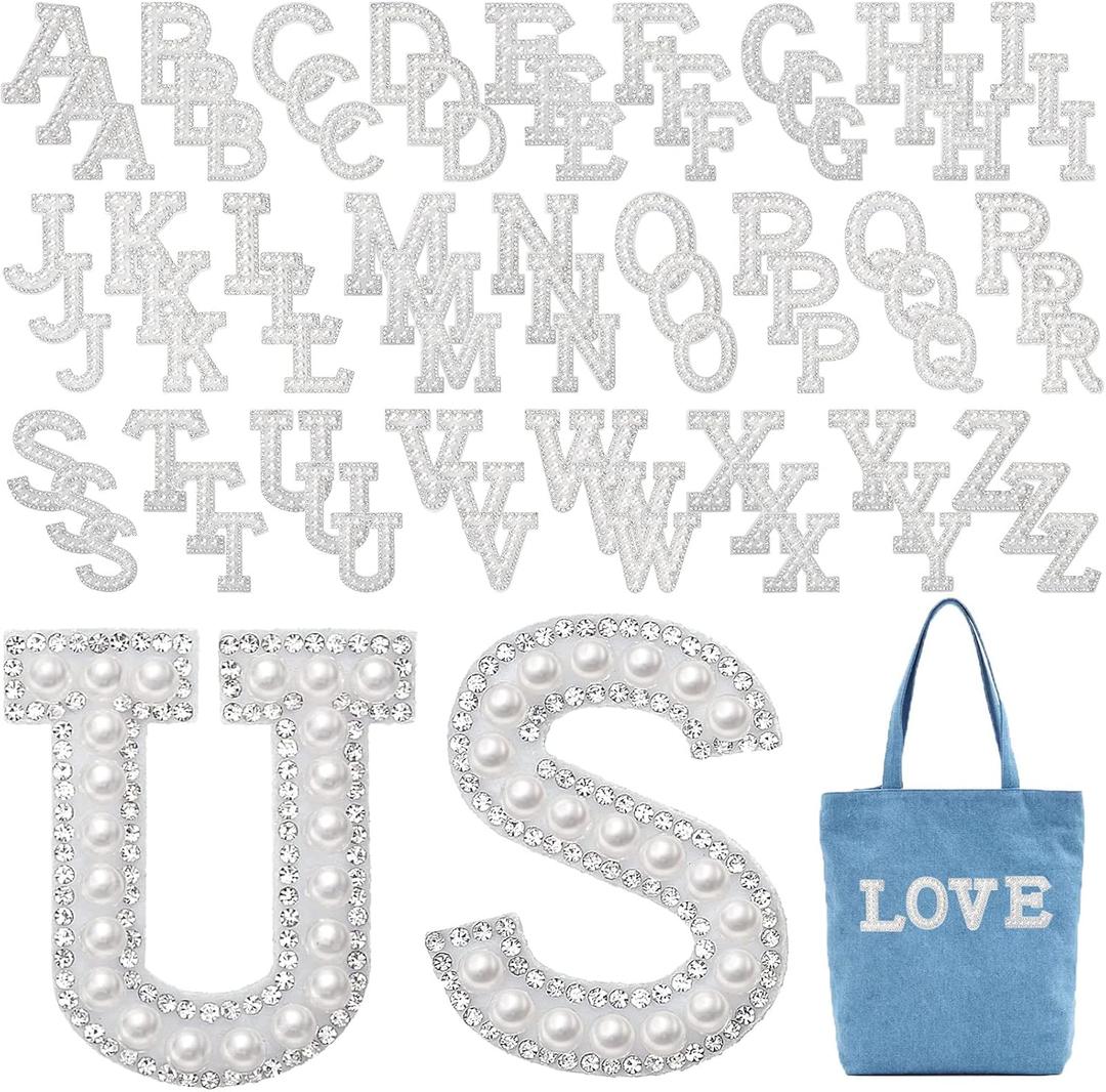 WILLBOND 78 Pcs Pearl Letter Patches Pearl Iron on Letter Patches Rhinestone A-Z English Rhinestone Glitter Alphabet Repair Embroidered Sew on Appliques(White)