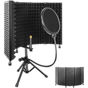 Iouyk Studio Recording Microphone Isolation Shield with Pop Filter and Tripod Stand, High Density Absorbent Foam to Filter Vocal, Foldable Sound Shield for Blue Yeti and Condenser Microphones