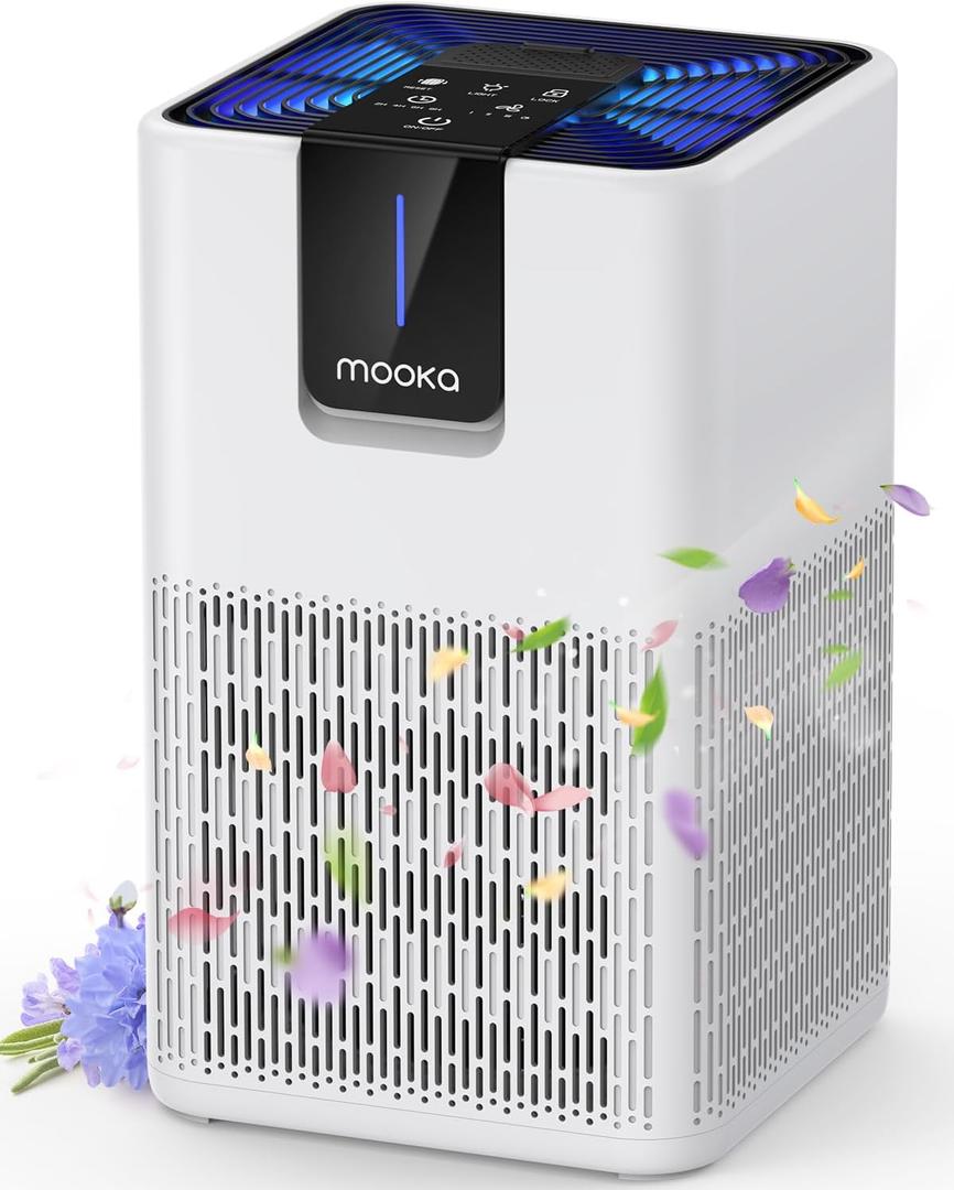 Air Purifiers for Home Large Room Up to 1250 Ft,MOOKA H13 HEPA Air Purifier for Pets Dust Odor Smoke,Aromatherapy Function,Air Cleaner with 15dB Quiet Sleep Mode for Bedroom Office Living Room,White (White)