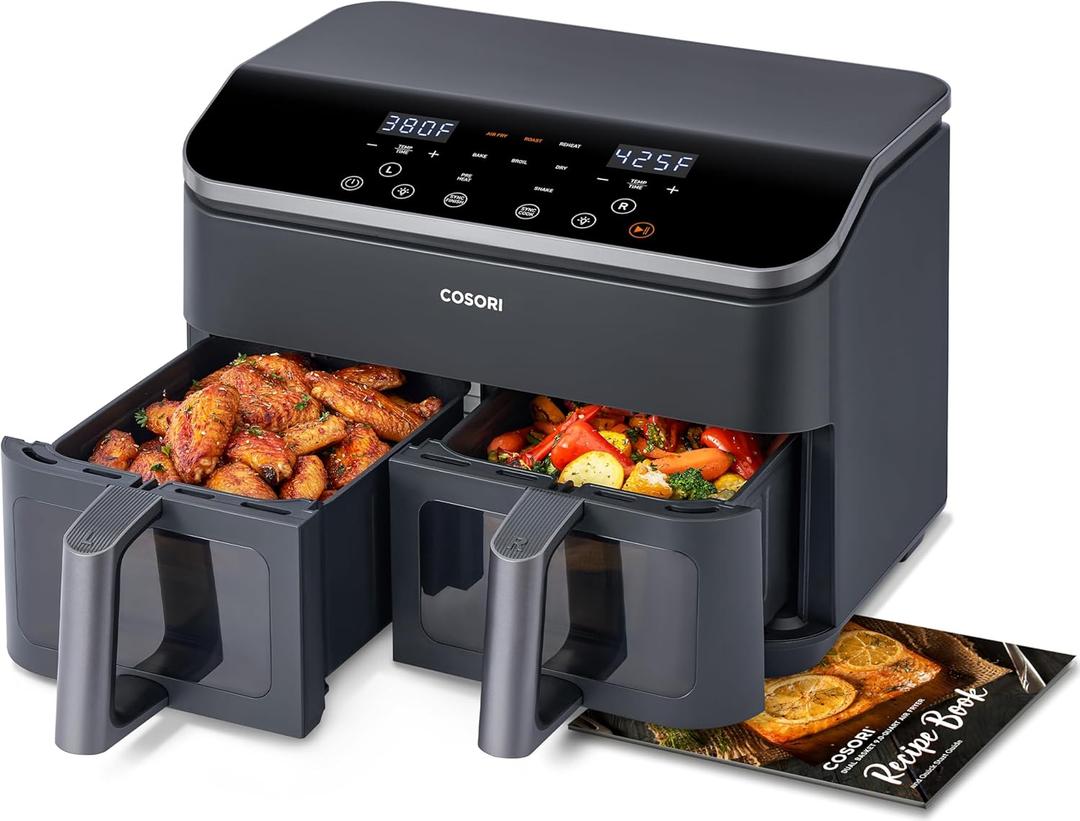 COSORI Dual Air Fryer 9Qt  10-in-1, Fresh Balanced Meals for Family and Children with Double Baskets, Sync Cook & Finish to Bake, Roast, Reheat, Broil & 130 Recipes for Easy Cooking, Dishwasher Safe (8.52 L, Black, Gray)