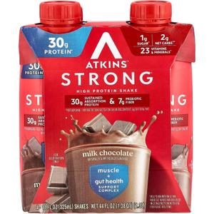 Atkins Strong High Protein Shake, Milk Chocolate, 30g Protein, 7g Prebiotic Fiber, Muscle & Gut Health Support Complex, 4 Count (EXP 05/29/26)