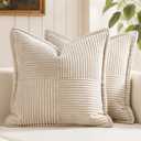MIULEE Decorative Euro Sham Throw Pillow Covers for Couch Bed Livingroom 22x22 Inch Set of 2 Beige Boho Accent Throw Pllows Broadside Striped Patchwork Soft Corduroy Pillowcases