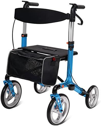 WONDMED Rollator Walkers for Seniors with Seat,Upright Rollator Walkers for Seniors Lightweight Folding Walkers with 10" Front Wheels,Rolling Walkers with Seat and Backrest,Blue