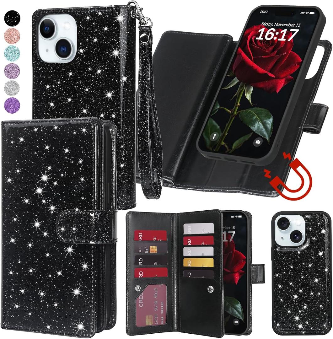 Varikke for iPhone 15 Plus Wallet Case Detachable with Card Holder for Women, Fashion Glitter PU Leather Strap Strong Magnetic Flip Wallet Removable Phone Case Cover for iPhone 15 Plus 6.7", Black
