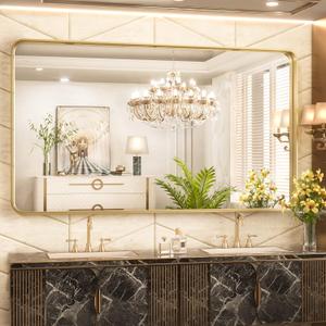 TokeShimi 60 x 36 Inch Brushed Gold Bathroom Vanity Mirror for Wall with Non-Rusting Aluminum Alloy Matte Metal Frame for Modern Farmhouse Home Decor (Horizontal/Vertical)