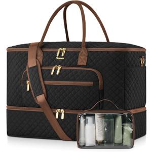 Travel Duffle Bag, Wide Open Large Weekender Bag for Women with Shoe Compartment, Carry on Overnight Bags with Toiletry Bag, Hospital Bag for Women Labor Delivery with Wet Pocket (Black Brown) (45L)