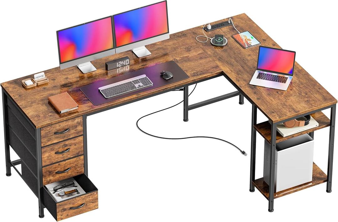 Huuger 63 Inch L Shaped Desk with Fabric Drawers, Computer Office Desk with Power Outlets and USB-C Port, Corner Desk with Storage Shelves, for Gaming Work Study Home Office, Reversible, Rustic Brown