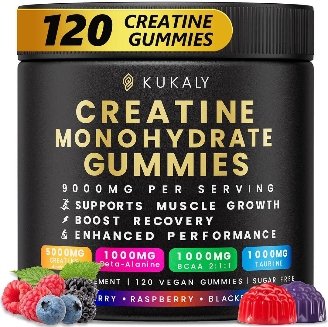 KUKALY Creatine Monohydrate Gummies for Men & Women, 9000MG Creatine Gummies Sugar Free - Mixed Flavored with L-Taurine, BCAA 2:1, B12 B6 for Boost Strength, Focus & Endurance, Vegan, Non-GMO, 120pcs, Mixed Fruit, 12/13/2027