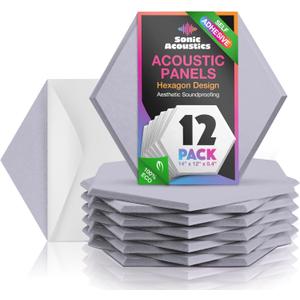 Self-Adhesive Acoustic Panels, 12 Pack Hexagon Sound Proof Foam Panels for Walls, High Density Noise Dampening Panels, 14"x 12"x 0.4" Sound Absorbing Panel for Home Studio Office-Moonlight Gray
