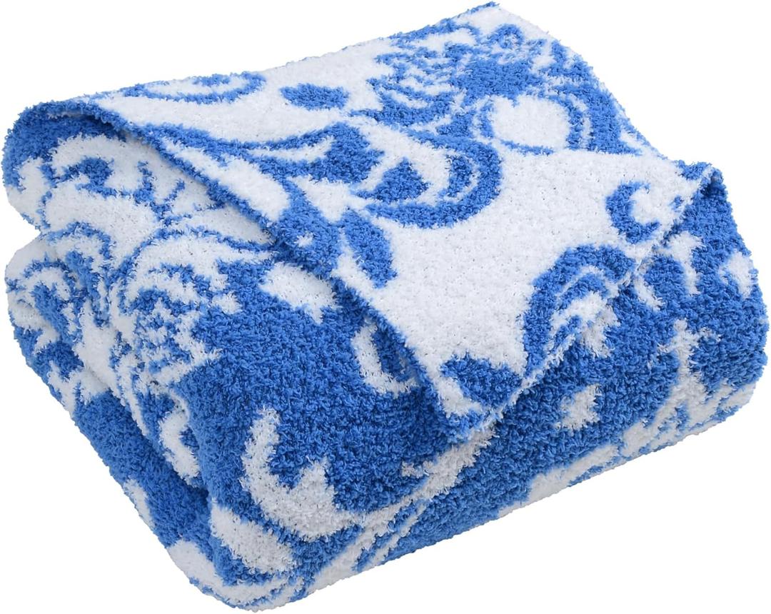 JOOJA Ultra Soft Throw Blanket Reversible Luxury Vintage Damask Patterned Blanket Fluffy Fuzzy Plush Blanket for Couch Sofa Bed Blue 60x80 Inches (Damask Blue)