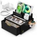 Pezin & Hulin Bamboo Charging Station for Multi Device, with Power Charger & Cables, Nightstand Docking Station with Lined Tray & Drawer, Compatible with Tablet, Cell Phones-Black