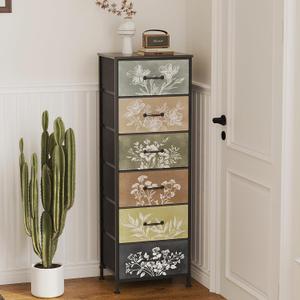 Tohomeor Vintage Dresser Vertical Nightstand with Neutral Botanical Plant Fabric Chest Drawers for Closet Bathroom Storage Tower Unit Bed Side Organizer Farmhouse Rustic (Multi, 6 Drawers) (11.8"D x 15.8"W x 45.9"H (6 Drawers))