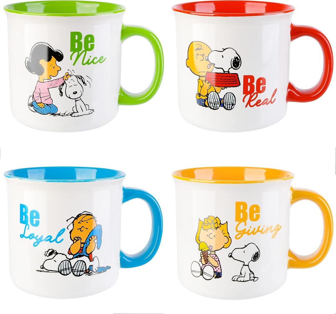 Peanuts Snoopy Gentle Reminders 21oz Stoneware Coffee Mugs, 4-Pack Camper Style, Assorted Colors, Large Ceramic Cups for Hot Beverages