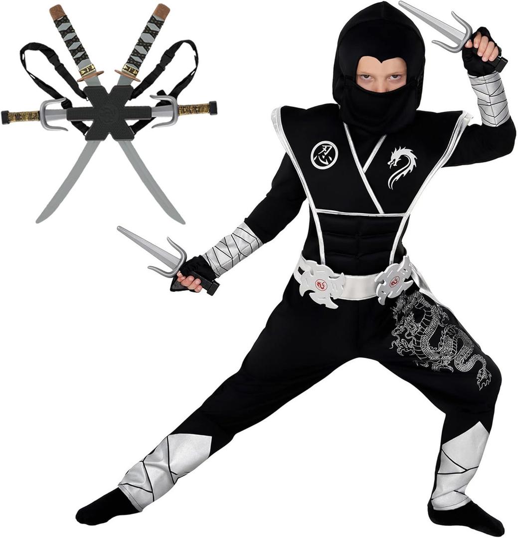 Morph Deluxe Silver Ninja Costume for Boys - Kids Halloween Dress Up Outfit - Black (4-6 Years)