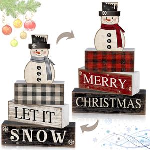4 Pcs Winter Table Decorations Wooden Snowman Winter Tiered Tray Decor Reversible Christmas Table Centerpiece Rustic Decorative Snowman Block Signs Gift for Xmas Home Kitchen Decor