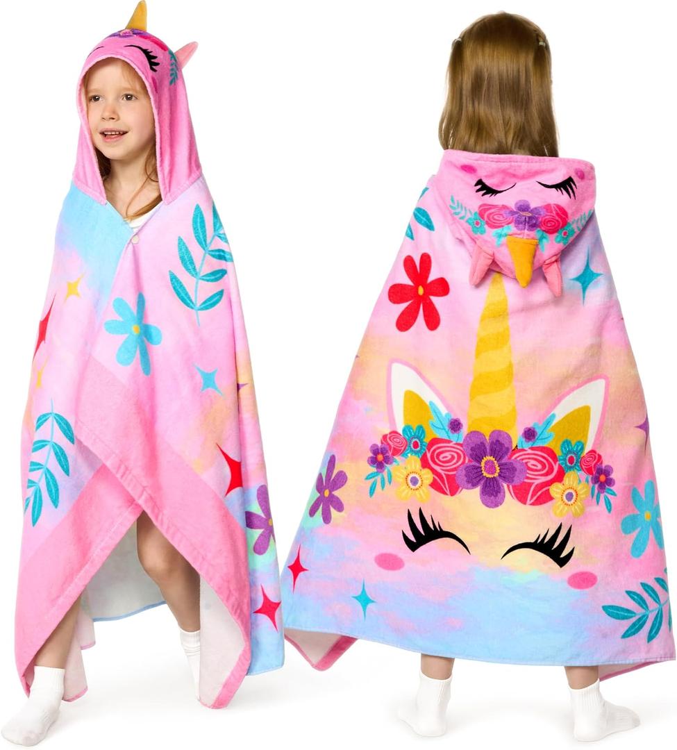 Joiedomi Unicorn Hooded Towels for Kids Soft 100% Cotton Kids Beach Towel 30" x 50" for 3-10 Years Boy Girl Beach Hooded Poncho Absorbent Pool Toddler Swim Bath Wrap, Pink Unicorn