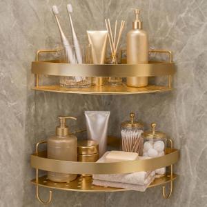 Corner Shower Shelves - 2 Tier No Drilling Shower Caddy Adhesive, Stainless Steel Shower Organizer with 4 Hooks, Wall Mounted Shower Rack for Inside Shower Corner Shelf, Gold Floating Shelves