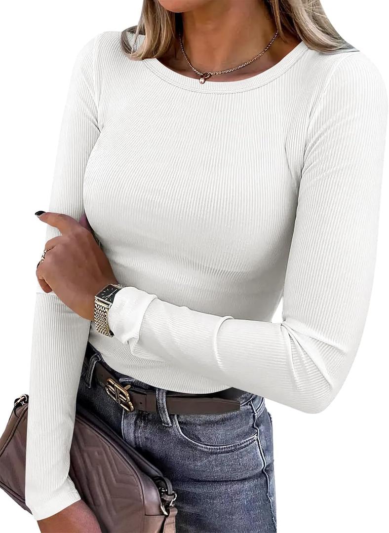 Women Long Sleeve Crewneck Rib Knit Slim Fit Shirts Basic Tee Tops 2024 Casual T-Shirt Going Out Workout Outfits (Medium, White)