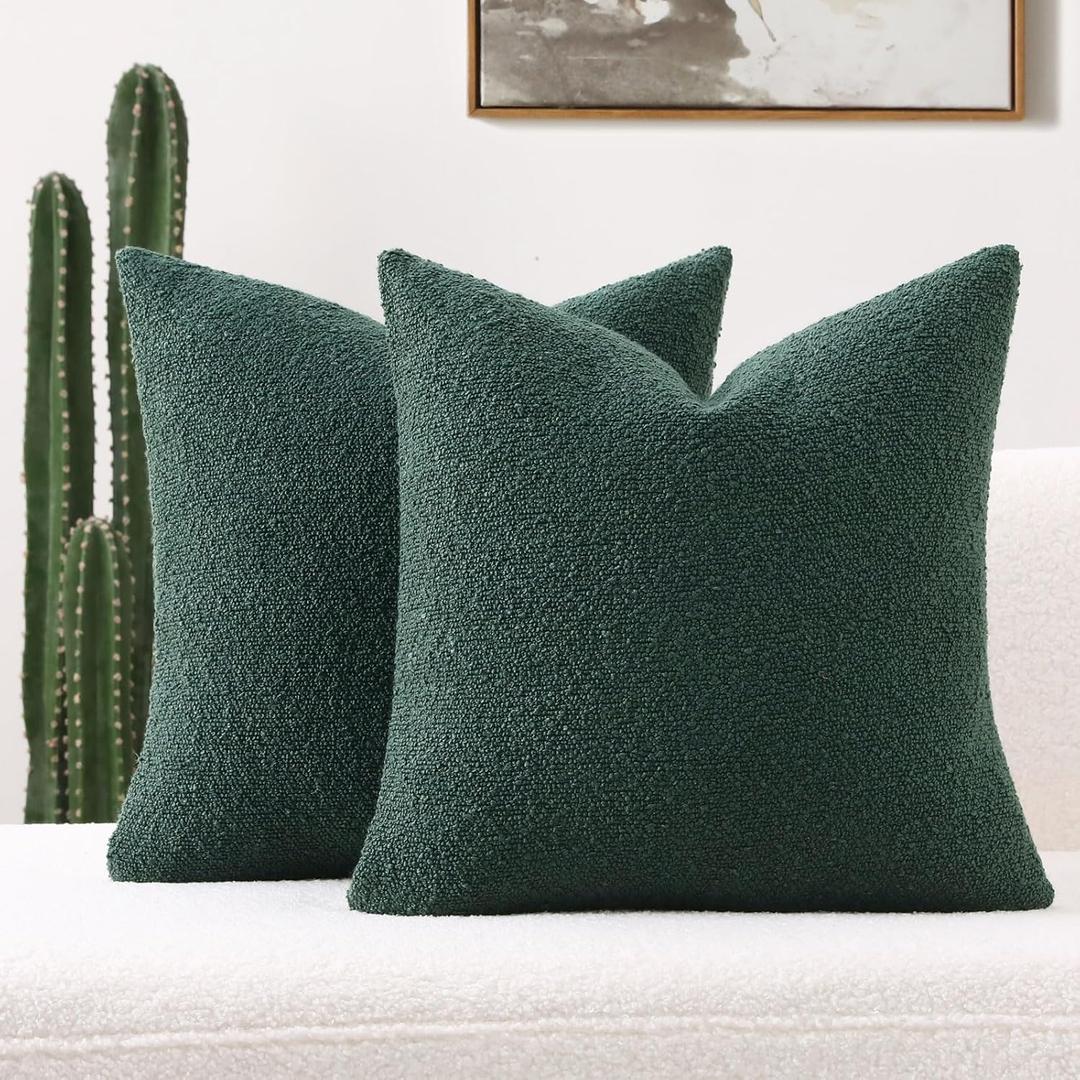 FUTEI Pack of 2 Dark Green Decorative Throw Pillow Covers 18x18 Inch Soft Cozy Solid Boucle Textured Cushion Case,Modern Home Decor for Couch Bed Living Room