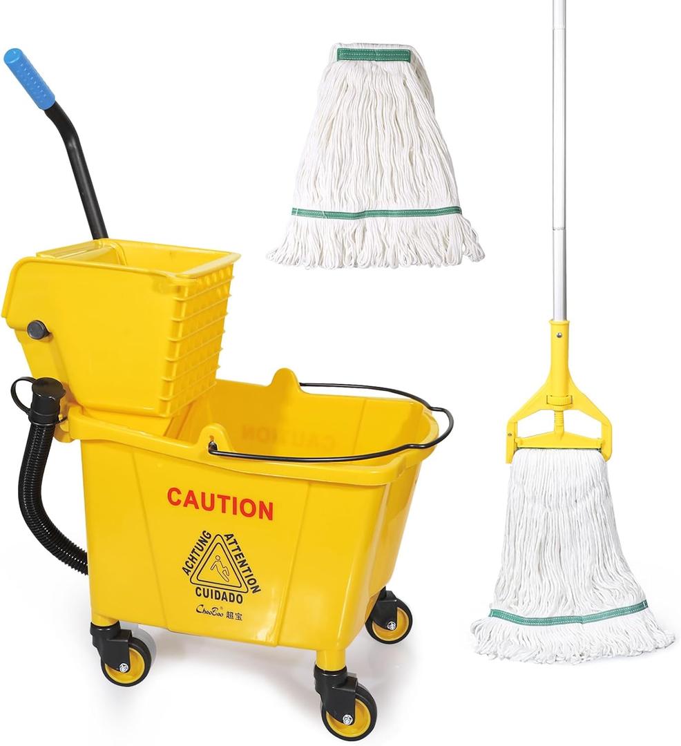 35Qt Commercial Mop Bucket with Side Wringer,Including 1* Commercial Loop-end Mop and 1* Mop Head Replacement