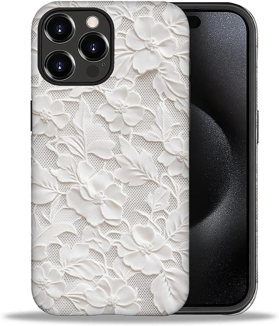 DAIZAG Case for iPhone 16 Pro Max,White Floral Lace Full-Body Design Hybrid Dual Protection Soft TPU Hard PC Shockproof Scratch-Resistant Protective Cover Phone Case for Men Women