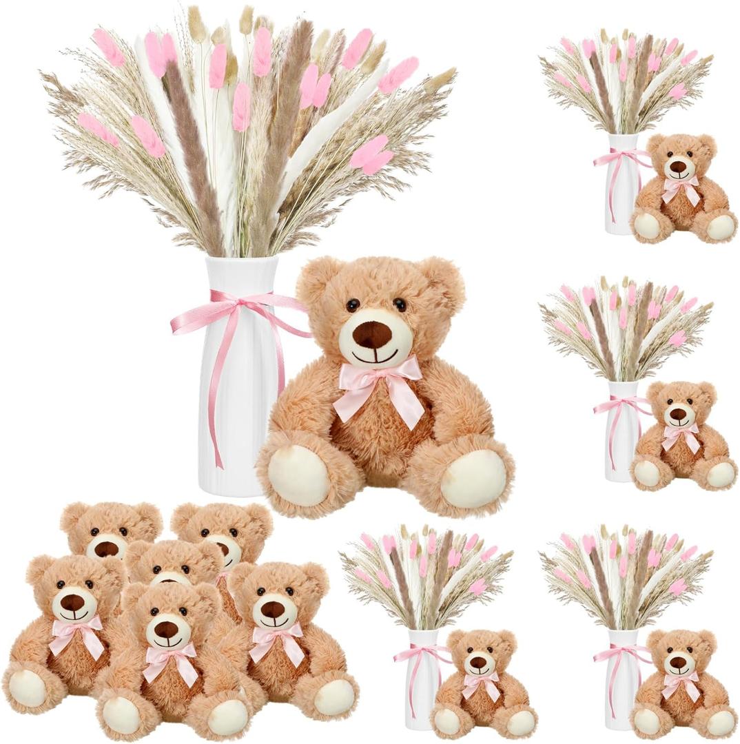 6 Sets 123 Pcs Baby Shower Table Centerpieces Dried Pampas Decor Bear Stuffed Ceramic Look Plastic Vase with Bow for Boho Wedding Bridal Shower Flowers Table Decorations (Pink,Girl)