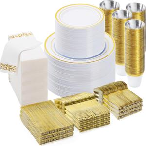 BESTVIP 700 PCS Gold Dinnerware Set for 100 Guests, Plastic Dinnerware Set for Party, Christmas, Include: 200 Plastic Plates, 100 Gold Silverware, 100 Cups, 100 Paper Napkins