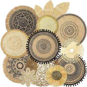 Xuhal 15 Pcs Boho Wall Basket Decor Handcrafted Seagrass Woven Wall Basket Rustic Round Woven Hanging Art for Home Farmhouse Kitchen Table Living Room(Mixed Colors Style)