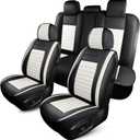 HChengkikz Car Seat Covers Full Set, Breathable Nappa Leather Seat Covers, Horizontal Stripes Automotive Seat Covers, Universal Seat Cushions for Sedan SUV Truck (5 PCS Full Set, Black + Cream)