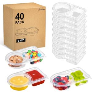 40 Pack 6 oz Small Snack Pack Containers with Lids, 2025 New 2 Compartment Snack Boxes Small Plastic Portion Control Condiment Container for Dipping Sauce, Travel Snacks, Lunch