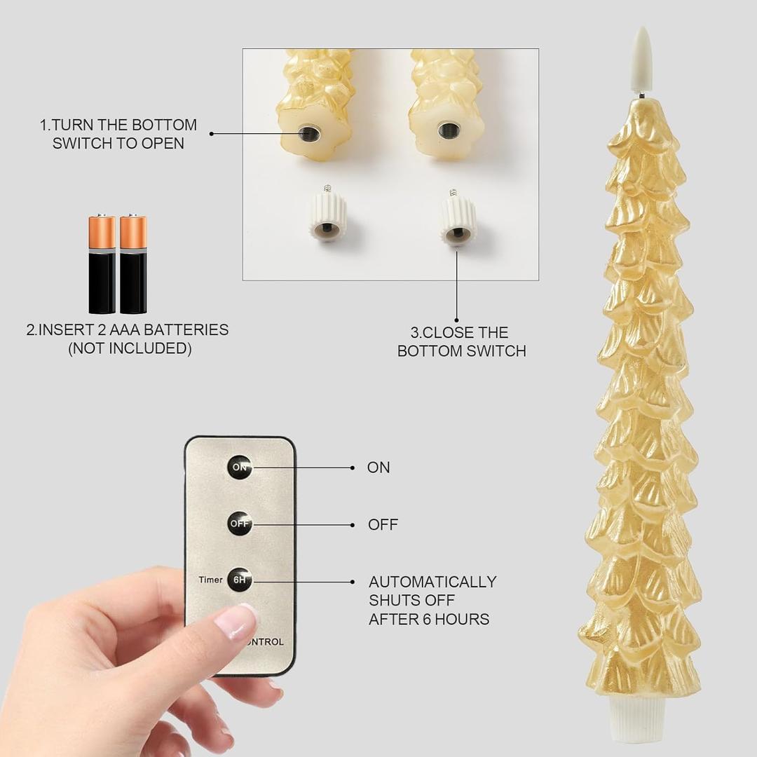 DN DECONATION 2PCS Flameless Christmas Tree Candles with Remote, LED Christmas Flameless Taper Advent Candles Battery Operated, Gold Tree Shaped Fake Candle Sticks for Table Decor Window Decorations (Set of 2)