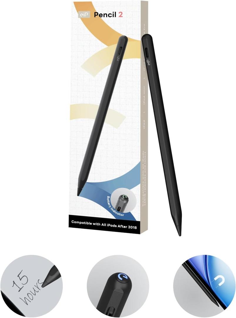 eiP Pencil 2 for iPad 2024-2018, Magnetic, 0.1mm Precise, 2X Durable Tips, Palm Rejection Stylus for iPad 10/9/8/7/6th Gen, iPad Pro 12.9/11/13" M4, iPad Air 3/4/5 M2, iPad Mini 5/6/7, Black