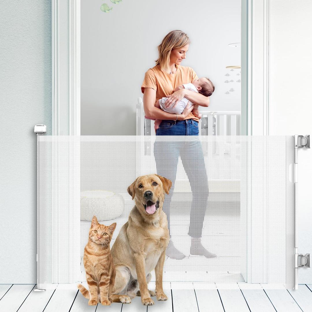 Upgraded Retractable Baby Gate for Stairs, 33"Tall Expands 71"Wide Ideal Safety Solution Dog Gate for Stairs Doorways Hallways Indoor Outdoor Mesh Baby Gate Retractable Screen Door(White,86CMx180CM)