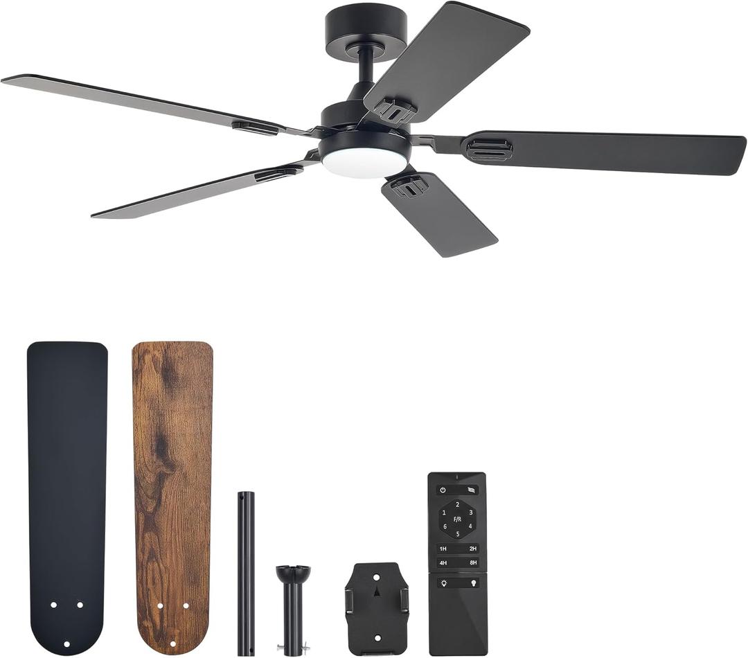 VONLUCE Ceiling Fans with Lights and Remote, 52" Ceiling Fan with 5 Blades, 6-Speeds Noiseless Reversible DC Motor for Farmhouse Bedroom Indoor, Black
