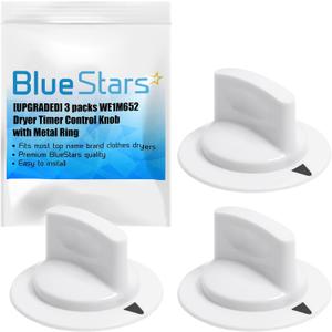 BlueStars WE1M652 Dryer Timer Control Knob with Metal Ring - Compatible with Hotpoint Kenmore GE Dryers - Replaces 1264289 AP3995164 PS1482196 AH1482196 - Pack of 3